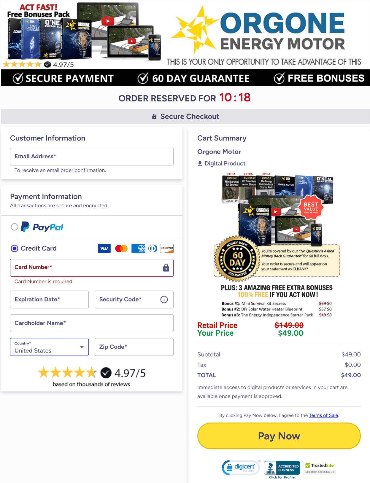 Orgone Energy Motor Checkout page 